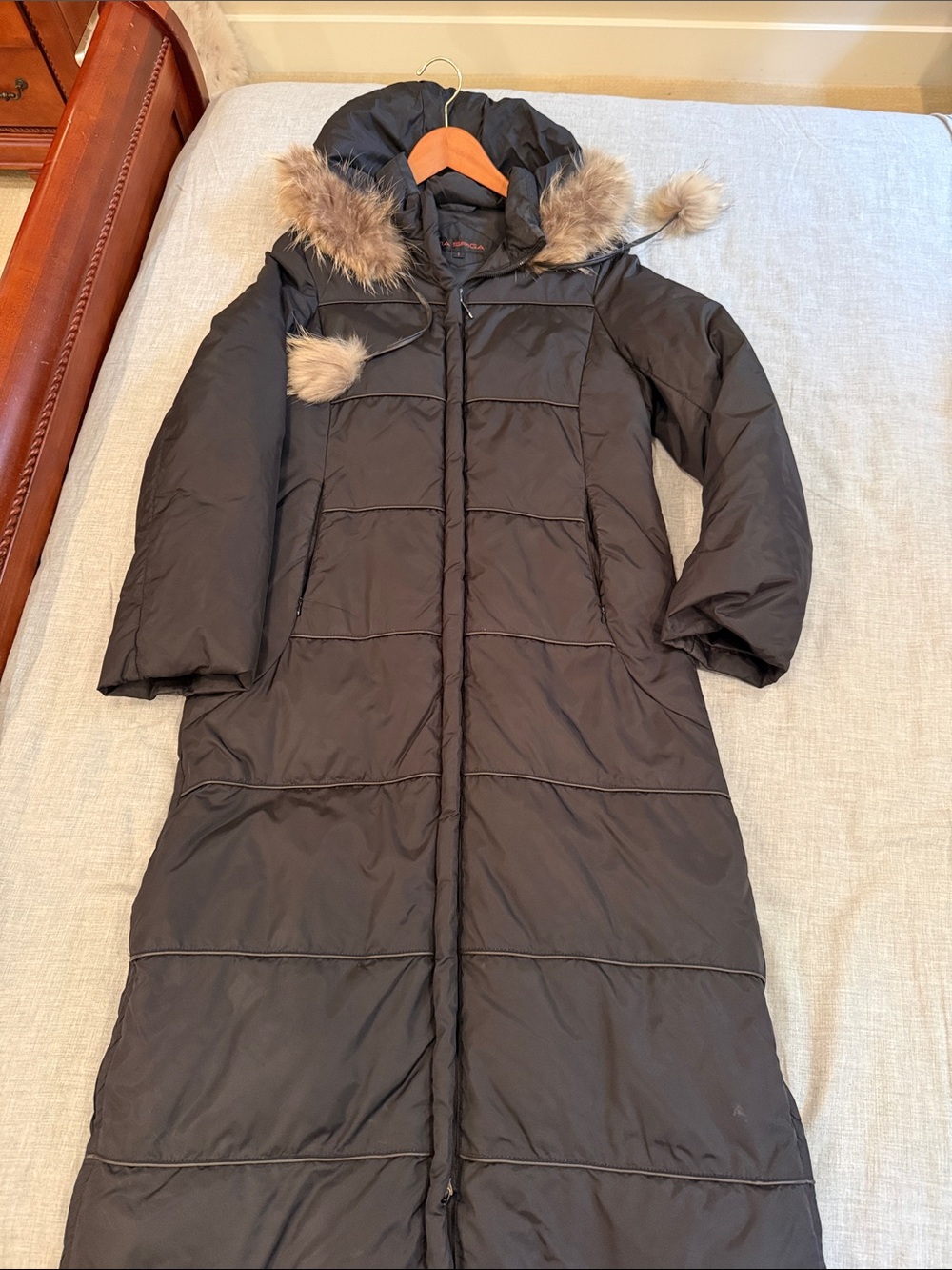 Via Spiga Black Long Puffer Coat with Faux-Fur Trim